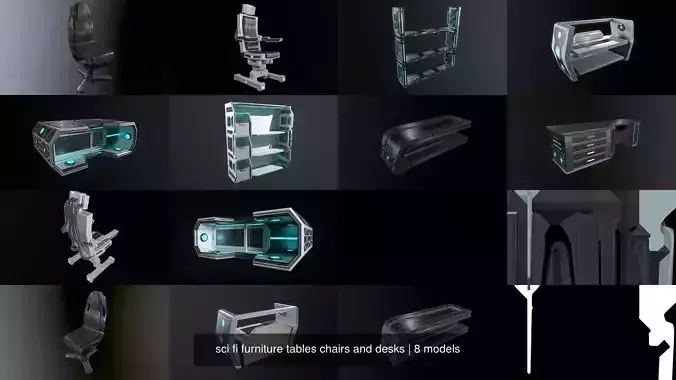 sci fi furniture tables chairs and desks 3D Model Collection