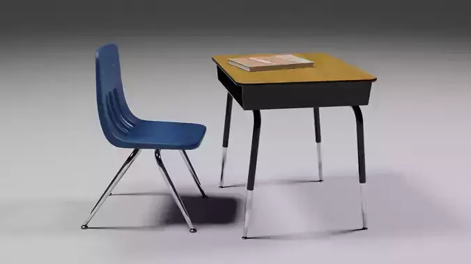 School Desk Chair and Textbook Set Low-poly 3D model