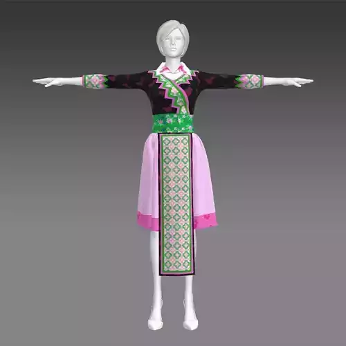 Hmong girl traditional skirt clothes handmade 3D model