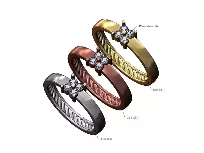 Square diamond cluster inner braided band US sizes 6 7 8