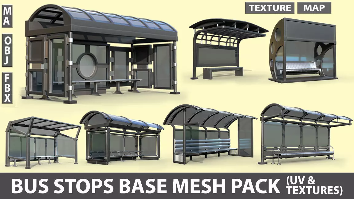25 Bus Stop Base Mesh Pack with UVs and Textures Low-poly 3D model_0