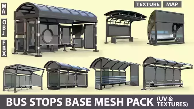 25 Bus Stop Base Mesh Pack with UVs and Textures Low-poly 3D model