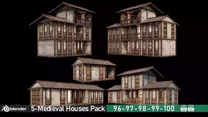 Medieval Houses Pack 96-97-98-99-100 - 4K Textures Game Ready Low-poly 3D model