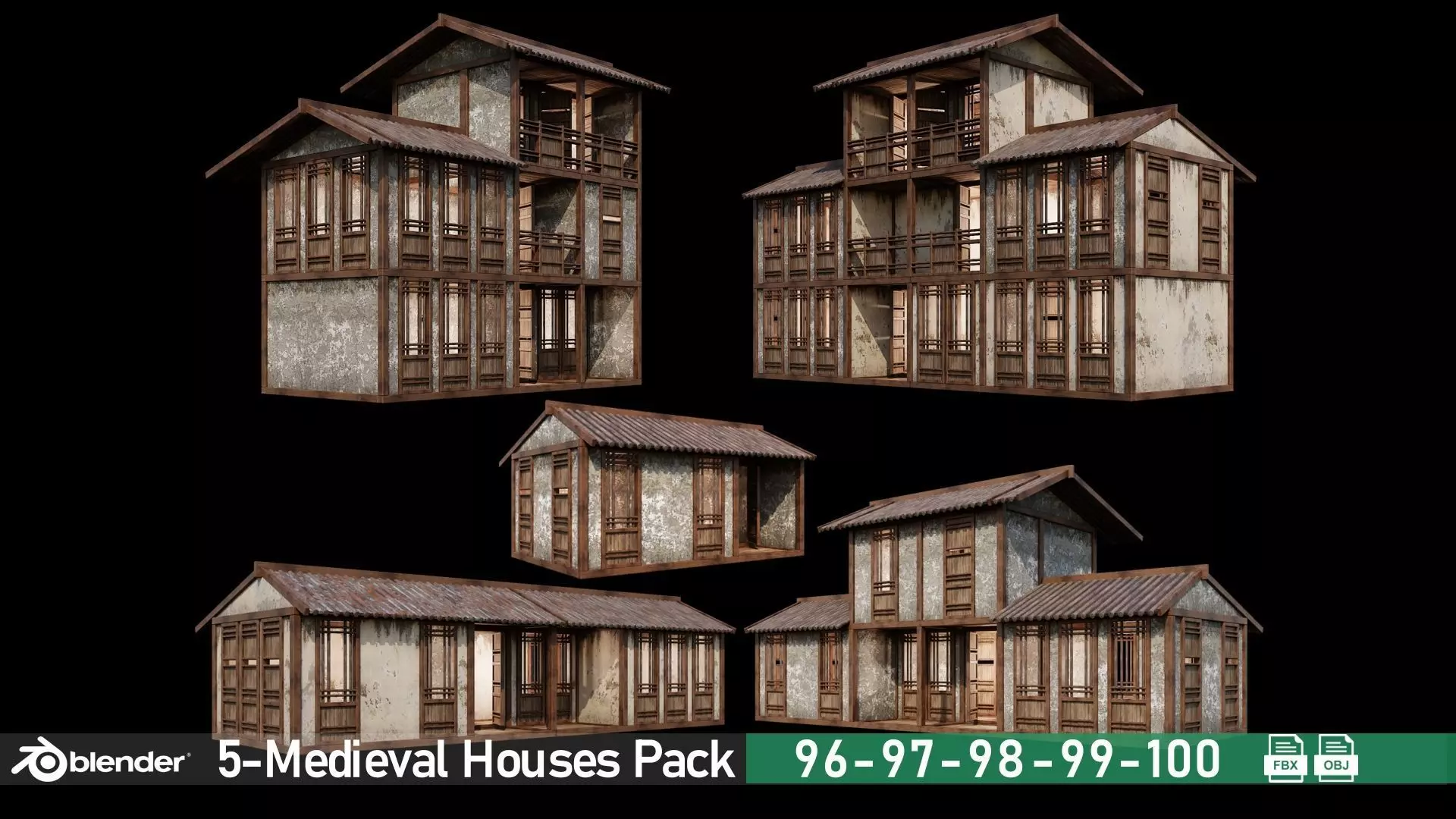 Medieval Houses Pack 96-97-98-99-100 - 4K Textures Game Ready Low-poly 3D model_0