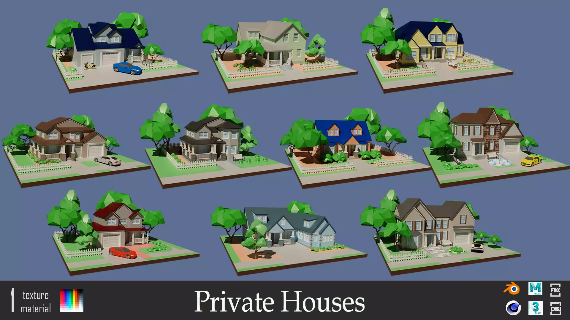 Cartoon private  houses Low-poly 3D model_0