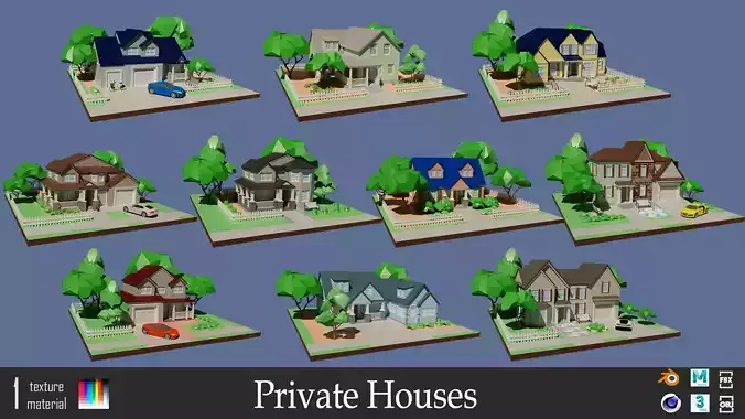 Cartoon private  houses Low-poly 3D model