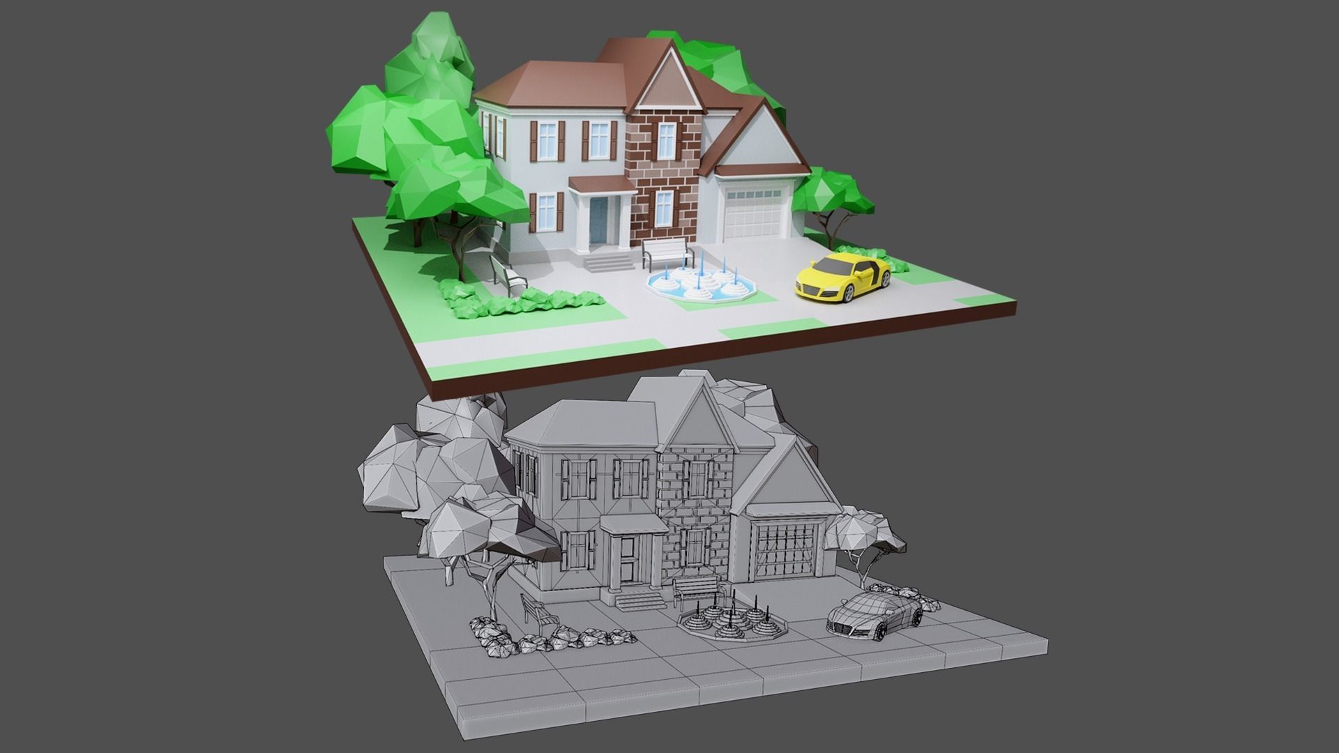 Cartoon private  houses Low-poly 3D model_8