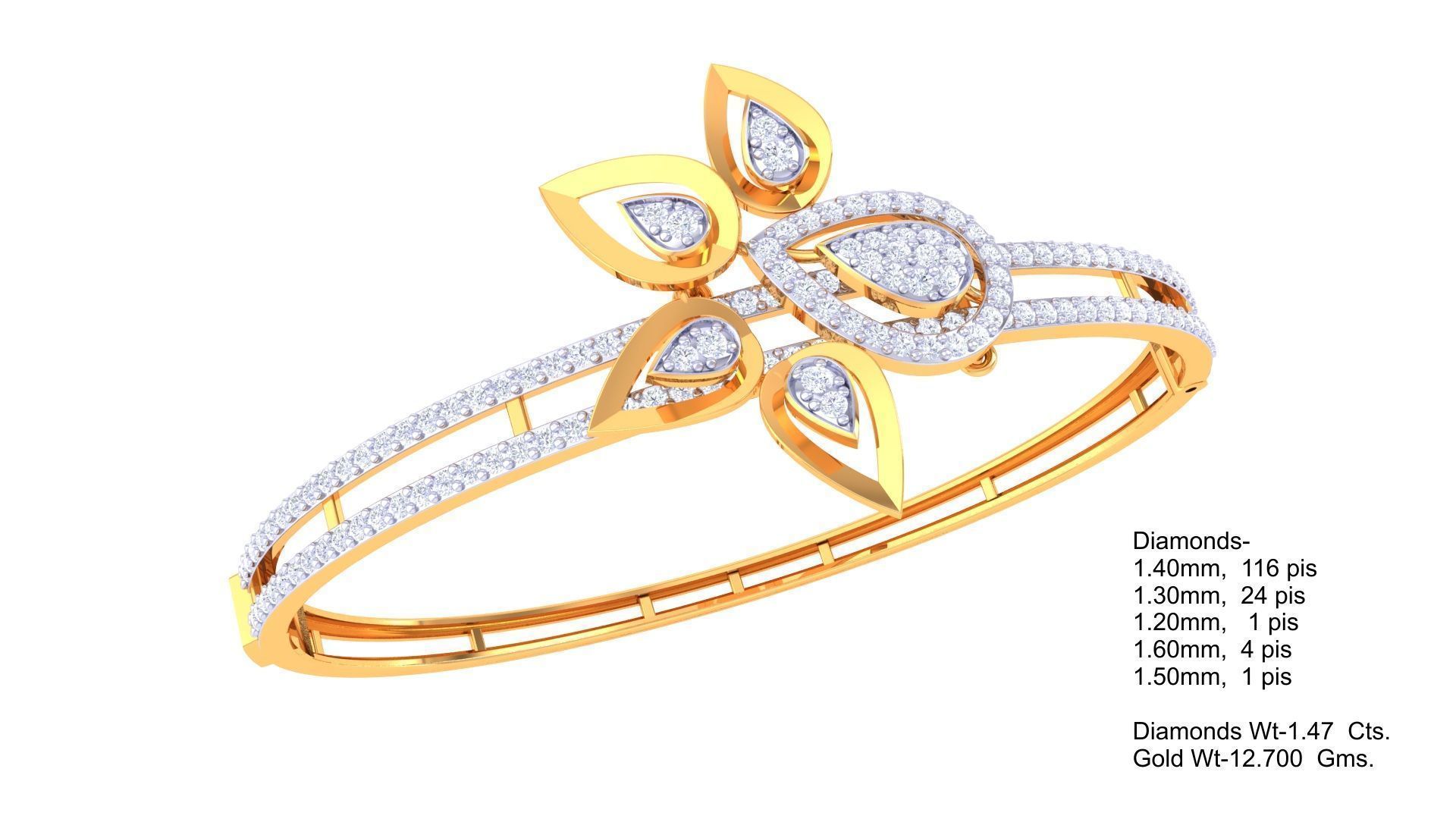 Bracelet - 2 diamond bangle gold 3D print model_1
