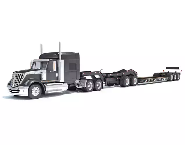 Semi Truck with Lowboy Trailer 3D model