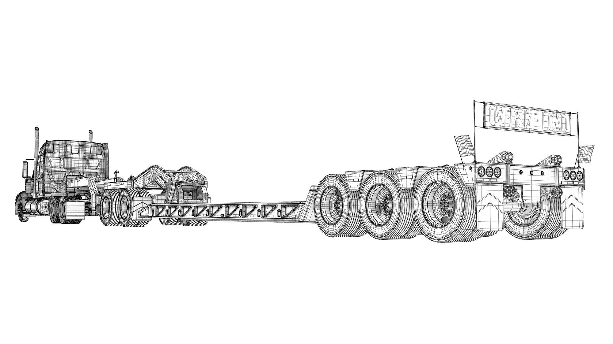 Semi Truck with Lowboy Trailer 3D model_17