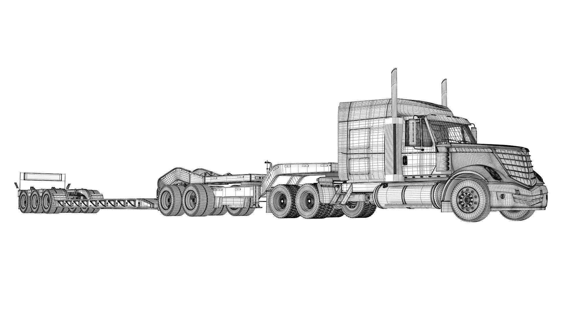 Semi Truck with Lowboy Trailer 3D model_19
