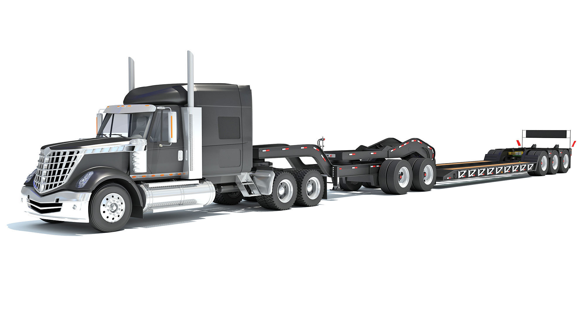 Semi Truck with Lowboy Trailer 3D model_10