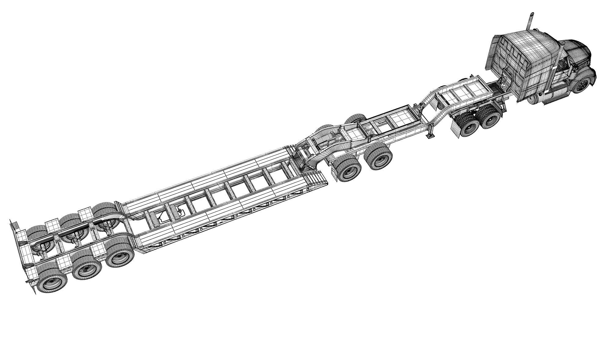 Semi Truck with Lowboy Trailer 3D model_18