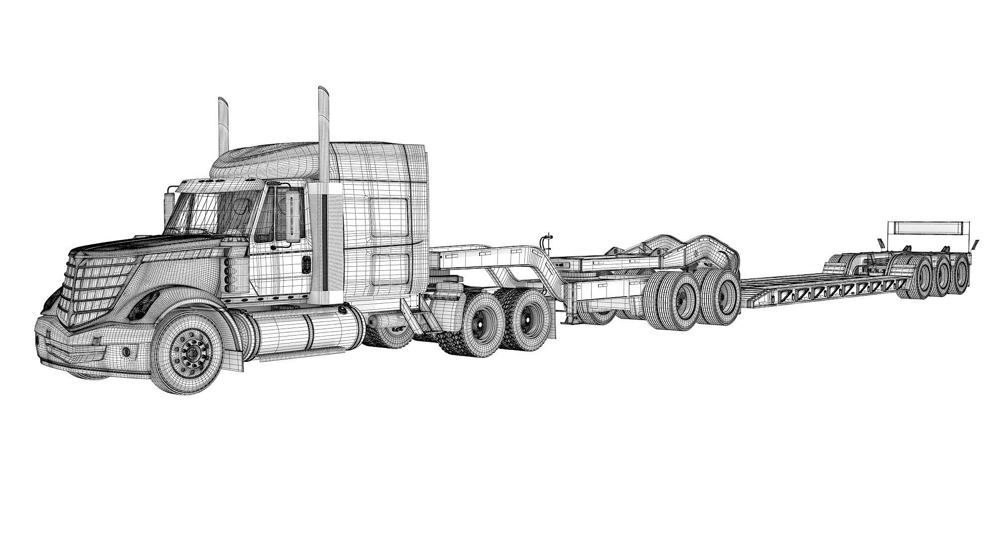 Semi Truck with Lowboy Trailer 3D model_16