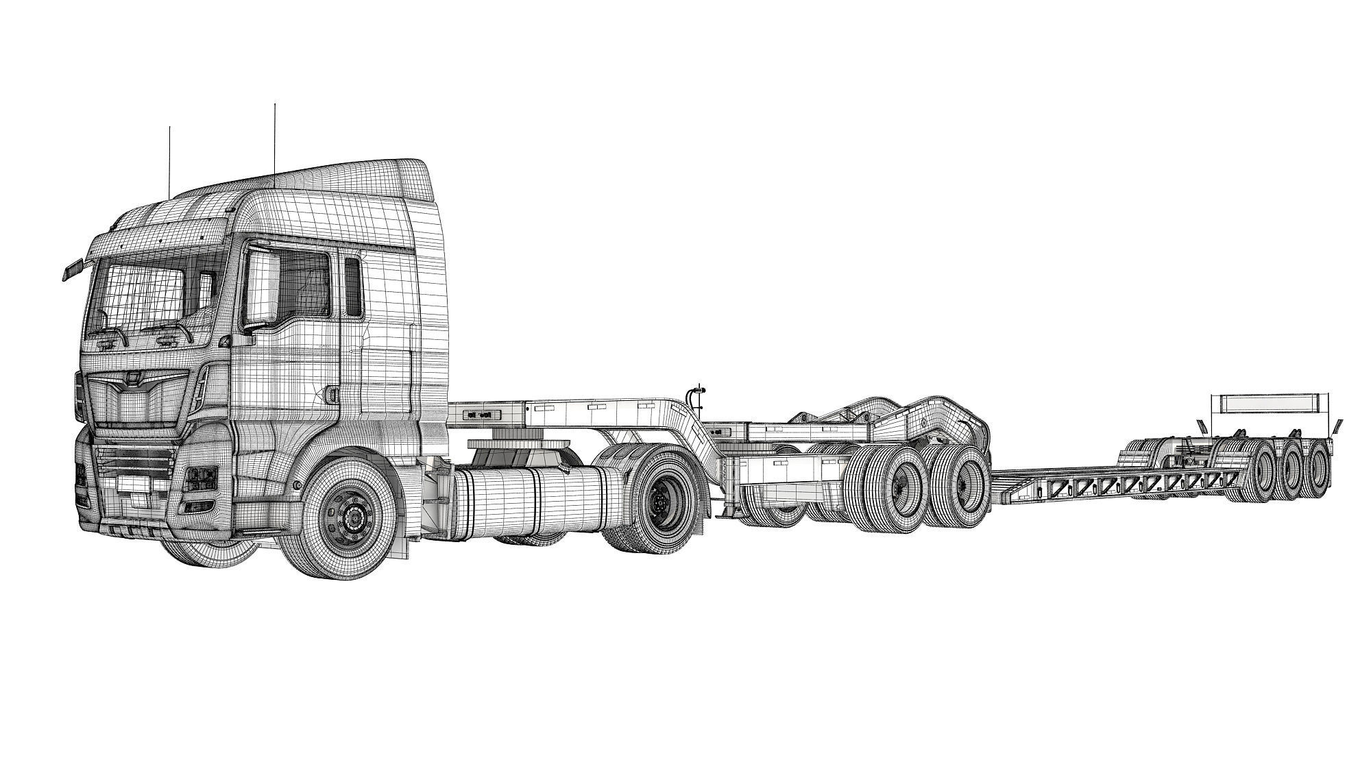 Semi Truck with Lowboy Trailer 3D model_16