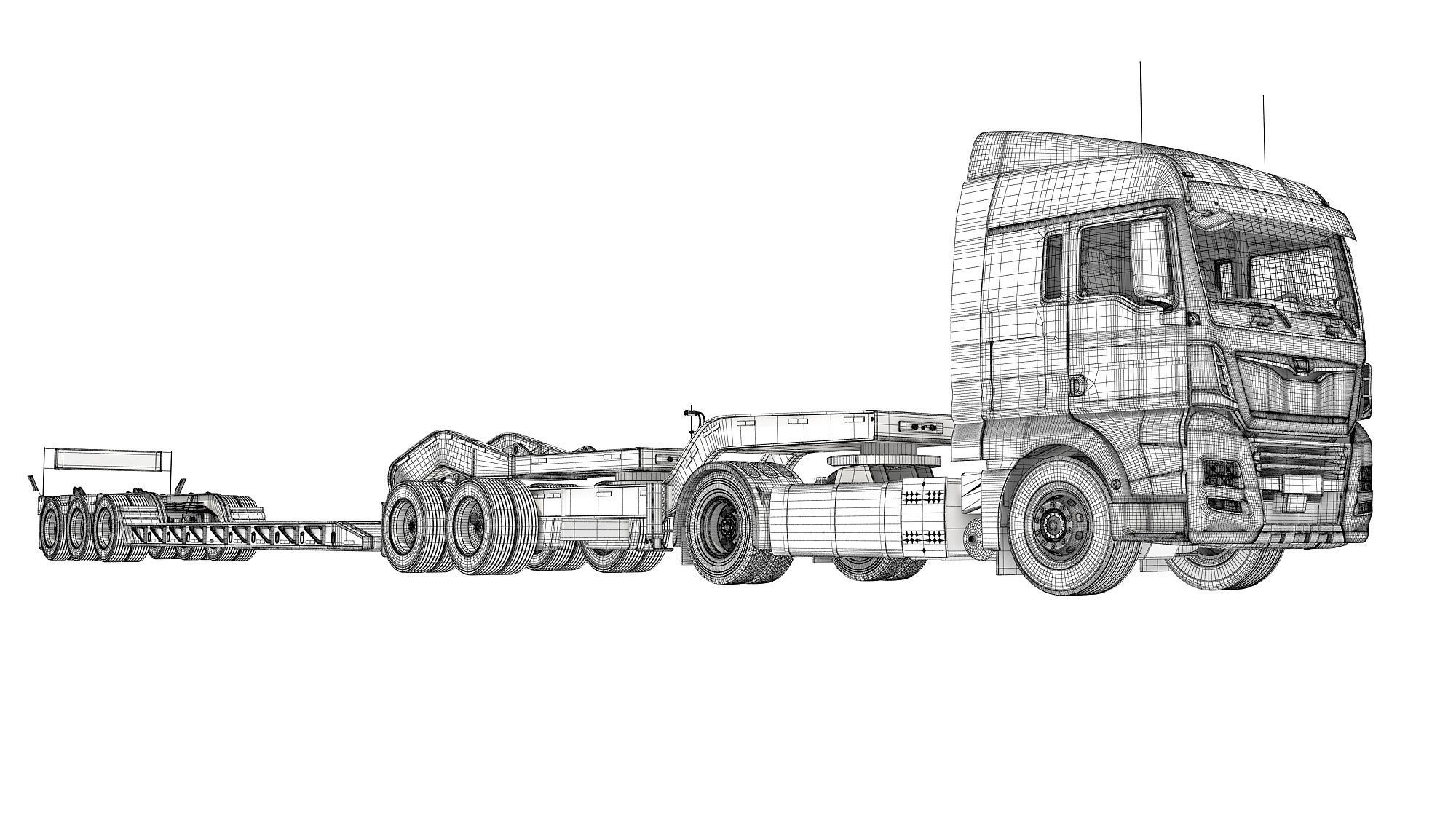 Semi Truck with Lowboy Trailer 3D model_19