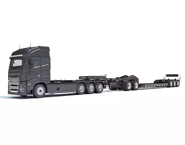 Semi Truck with Lowboy Trailer 3D model
