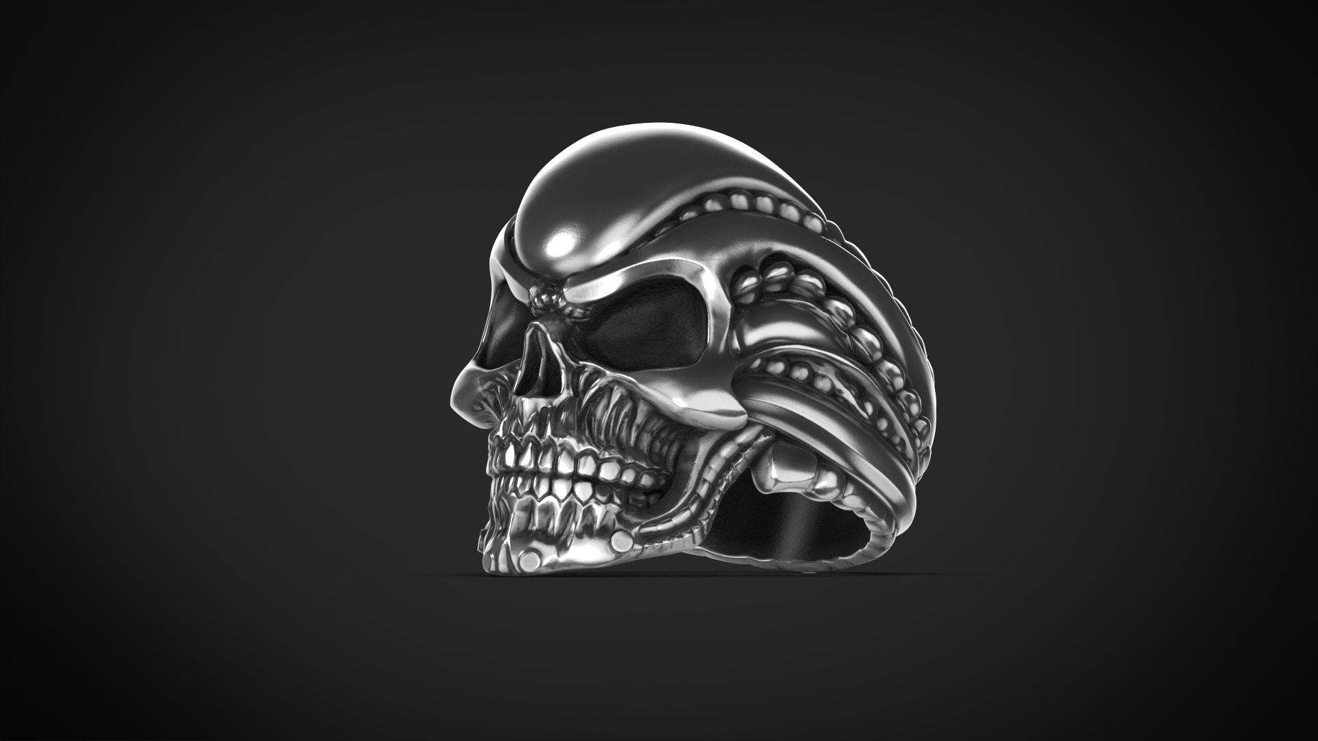  Skull Ring Biomechanics style  STL 3d model for 3d printing 3D print model_1