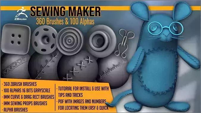 Sewing Maker 360 ZBrush Brushes And 100 Alphas