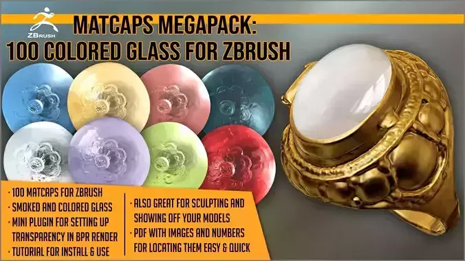 Matcaps Megapack 100 Colored Glass For ZBrush   Texture
