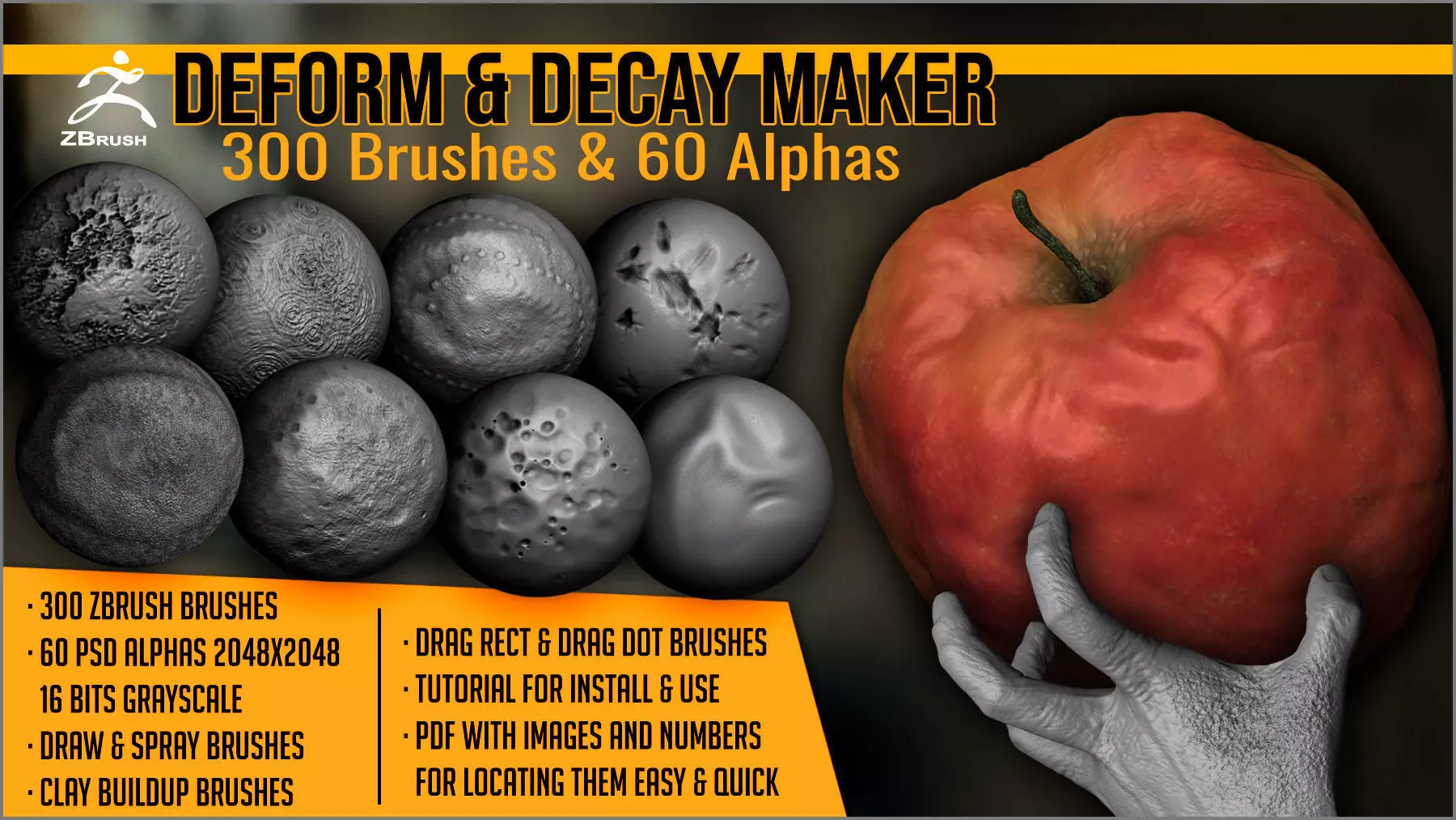 Deform And Decay Maker 300 ZBrush Brushes And 60 Alphas 3D model