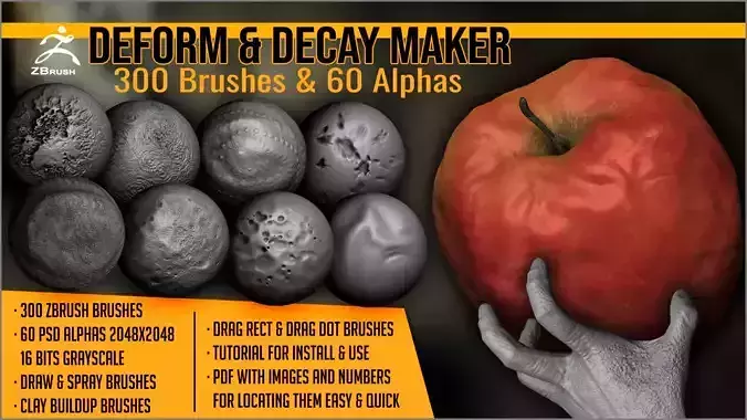 Deform And Decay Maker 300 ZBrush Brushes And 60 Alphas 3D model