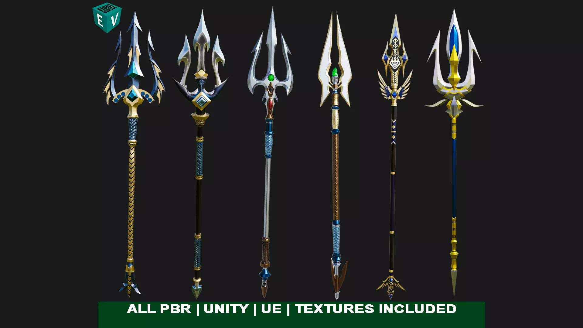6 Fantasy Tridents All PBR Unity UE Textures Included 3D Model Collection_0