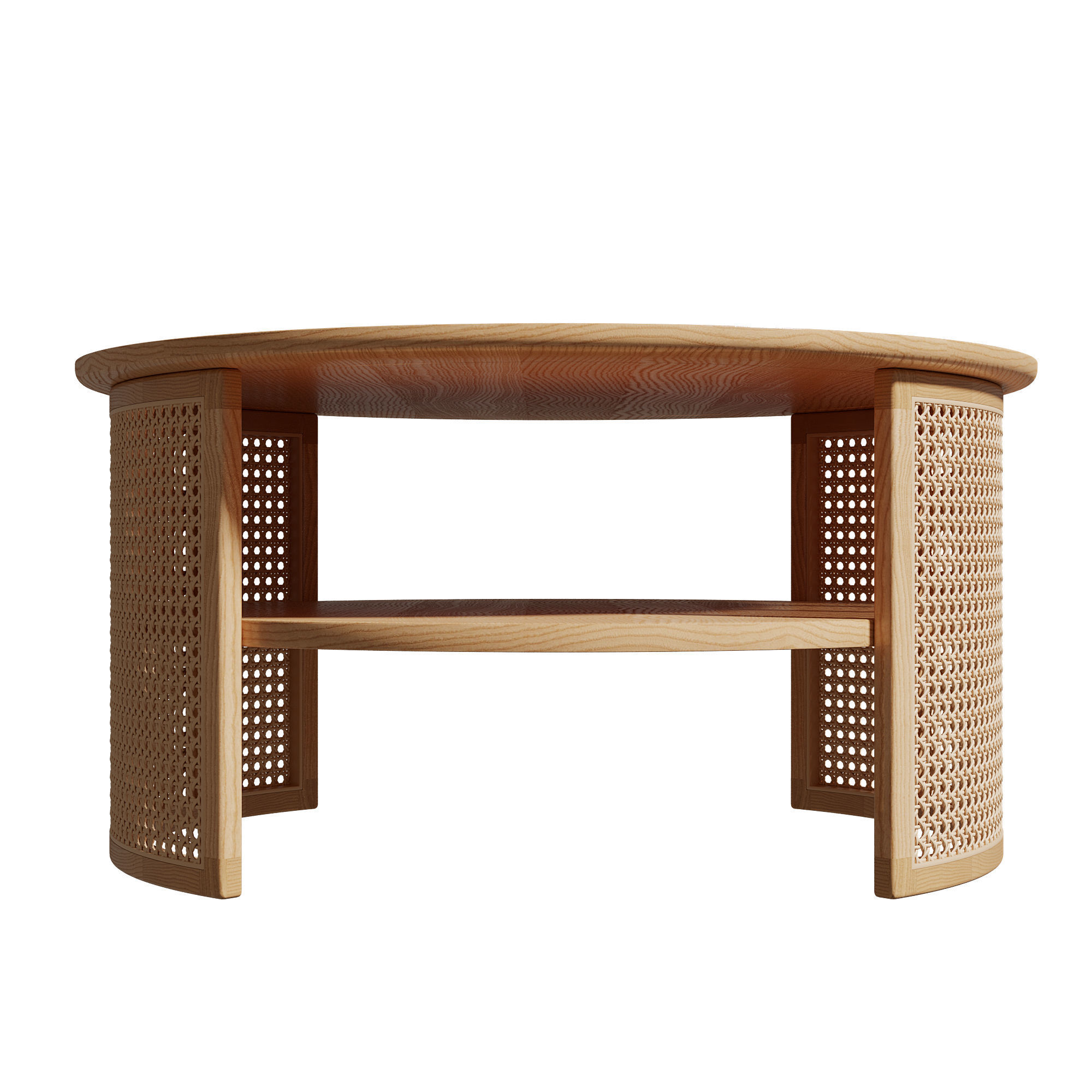 Homary 2-Tiered Japandi Round Wood Rattan Coffee Table 3D model_14