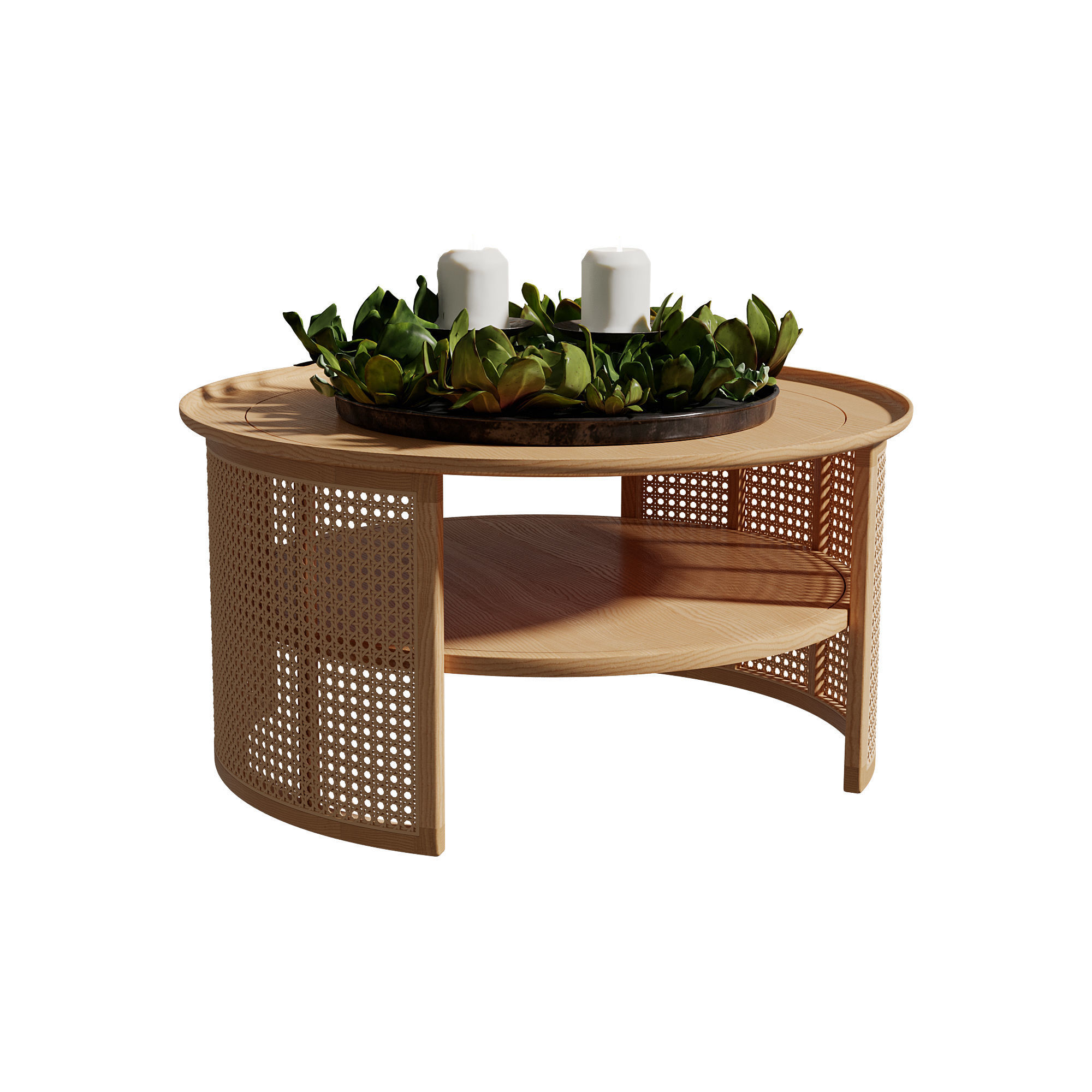 Homary 2-Tiered Japandi Round Wood Rattan Coffee Table 3D model_7