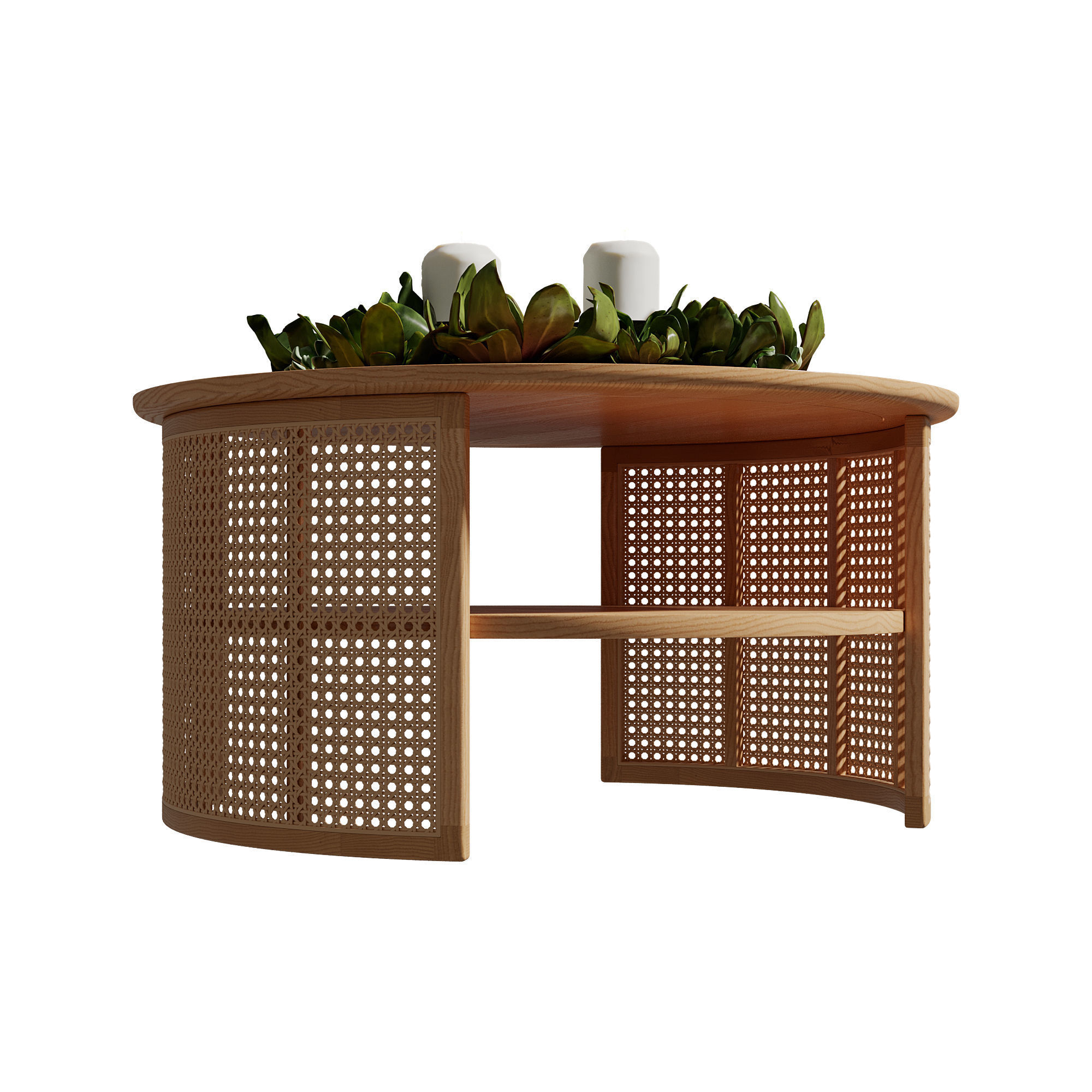 Homary 2-Tiered Japandi Round Wood Rattan Coffee Table 3D model_16