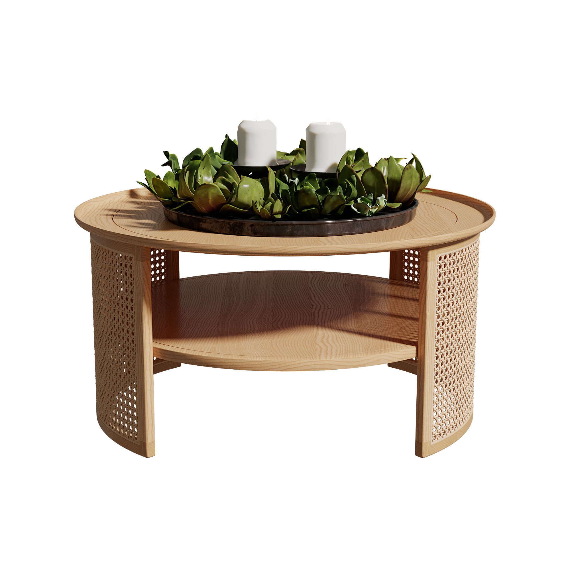 Homary 2-Tiered Japandi Round Wood Rattan Coffee Table 3D model_4