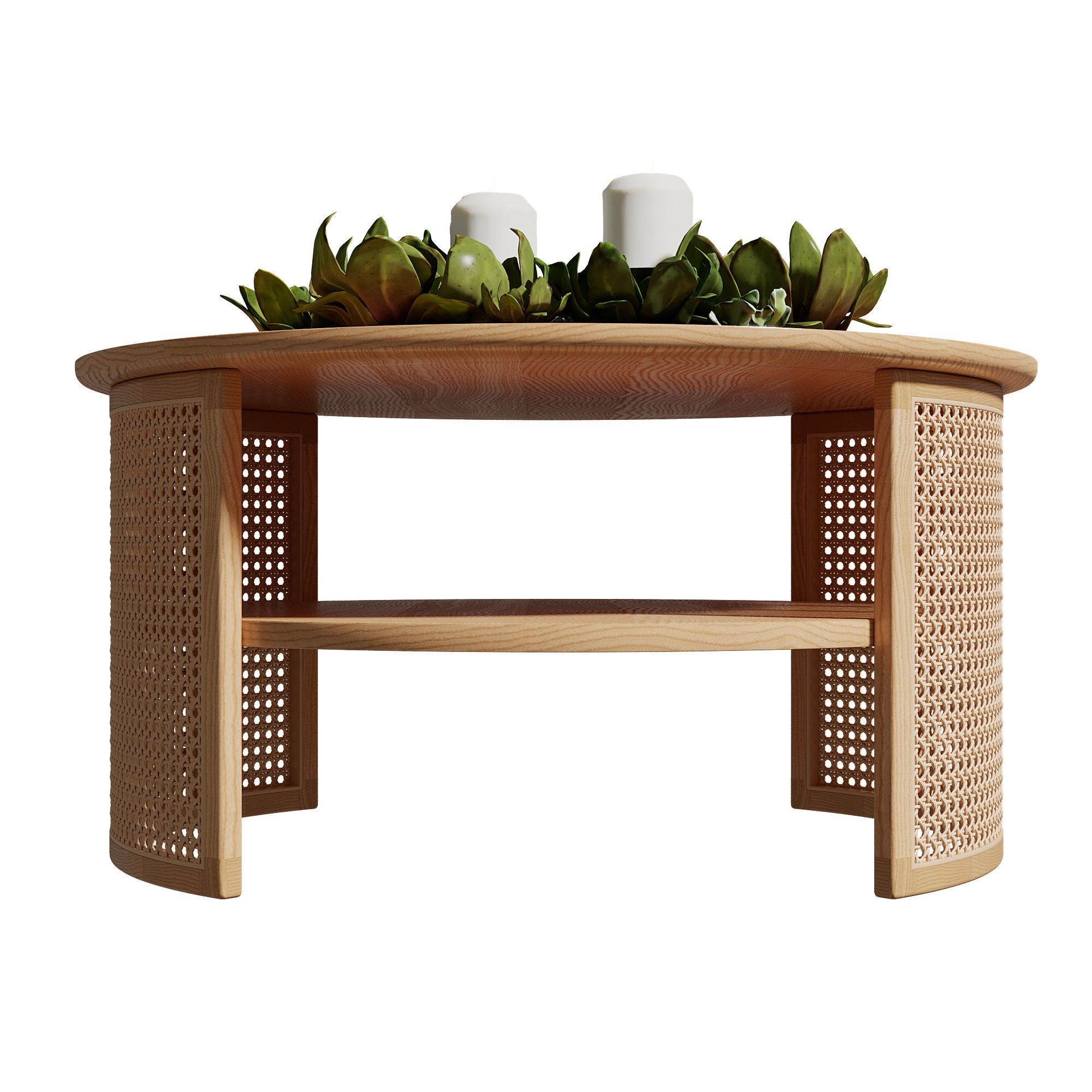 Homary 2-Tiered Japandi Round Wood Rattan Coffee Table 3D model_13