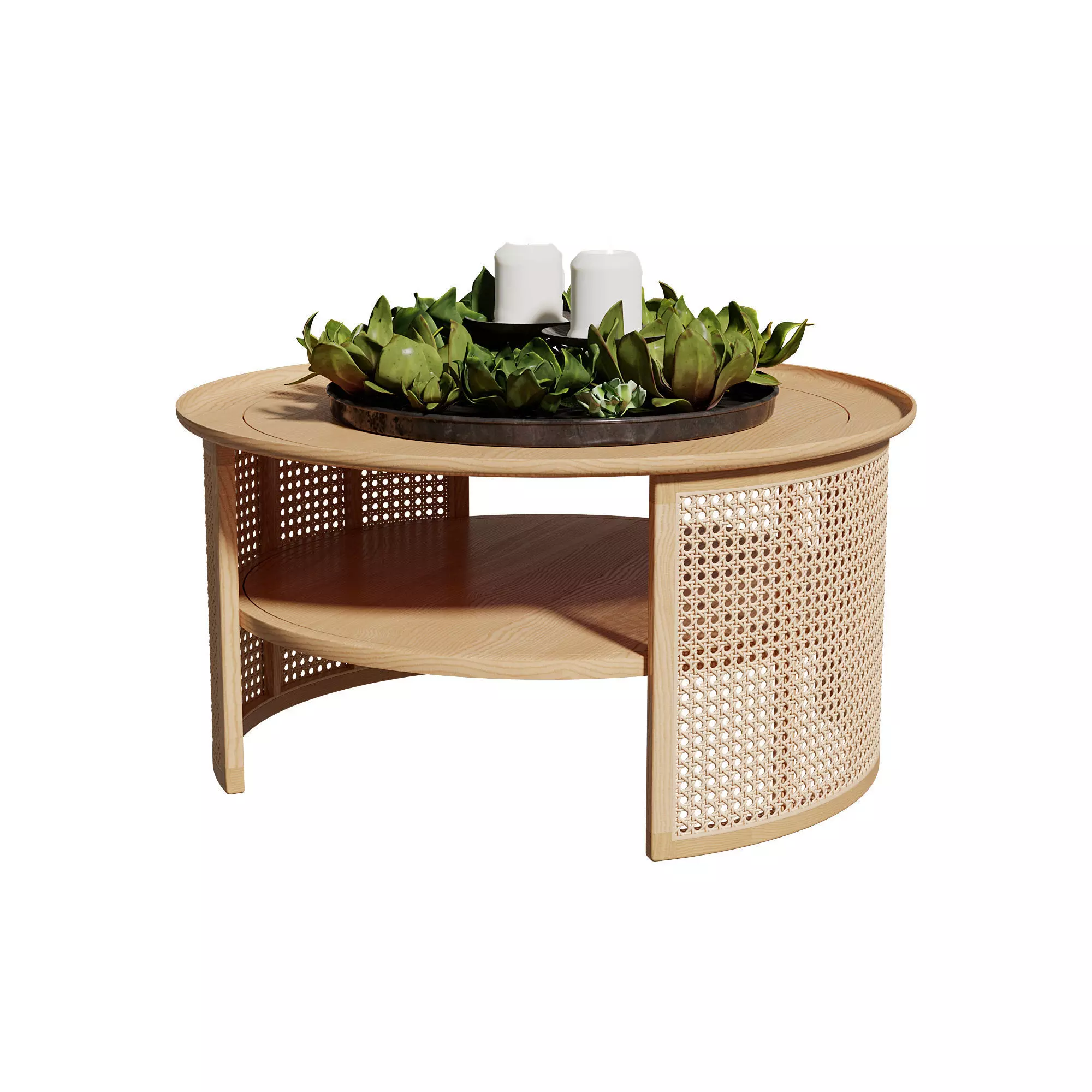 Homary 2-Tiered Japandi Round Wood Rattan Coffee Table 3D model_0