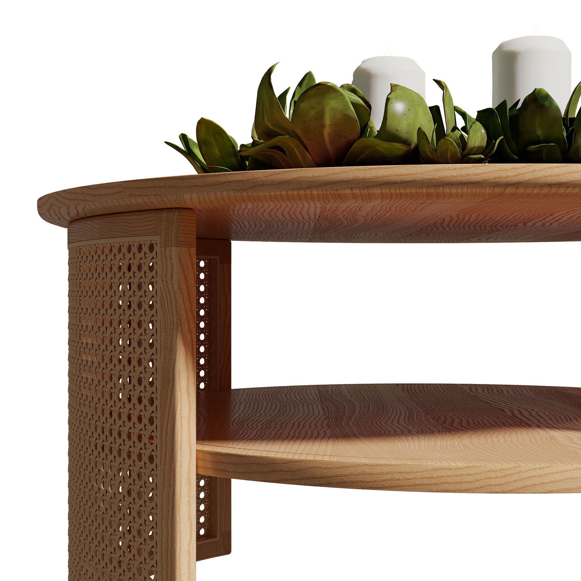 Homary 2-Tiered Japandi Round Wood Rattan Coffee Table 3D model_22