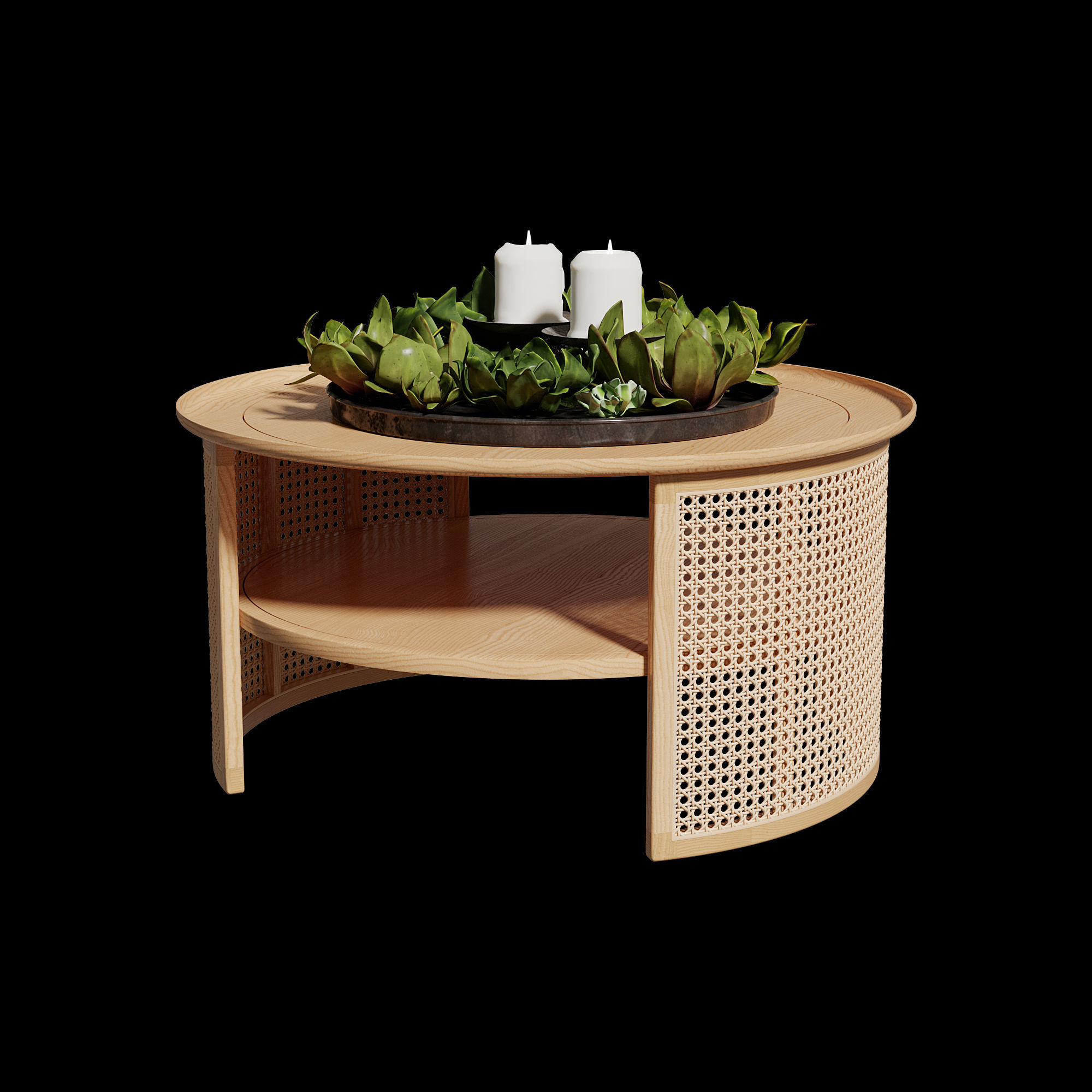 Homary 2-Tiered Japandi Round Wood Rattan Coffee Table 3D model_1