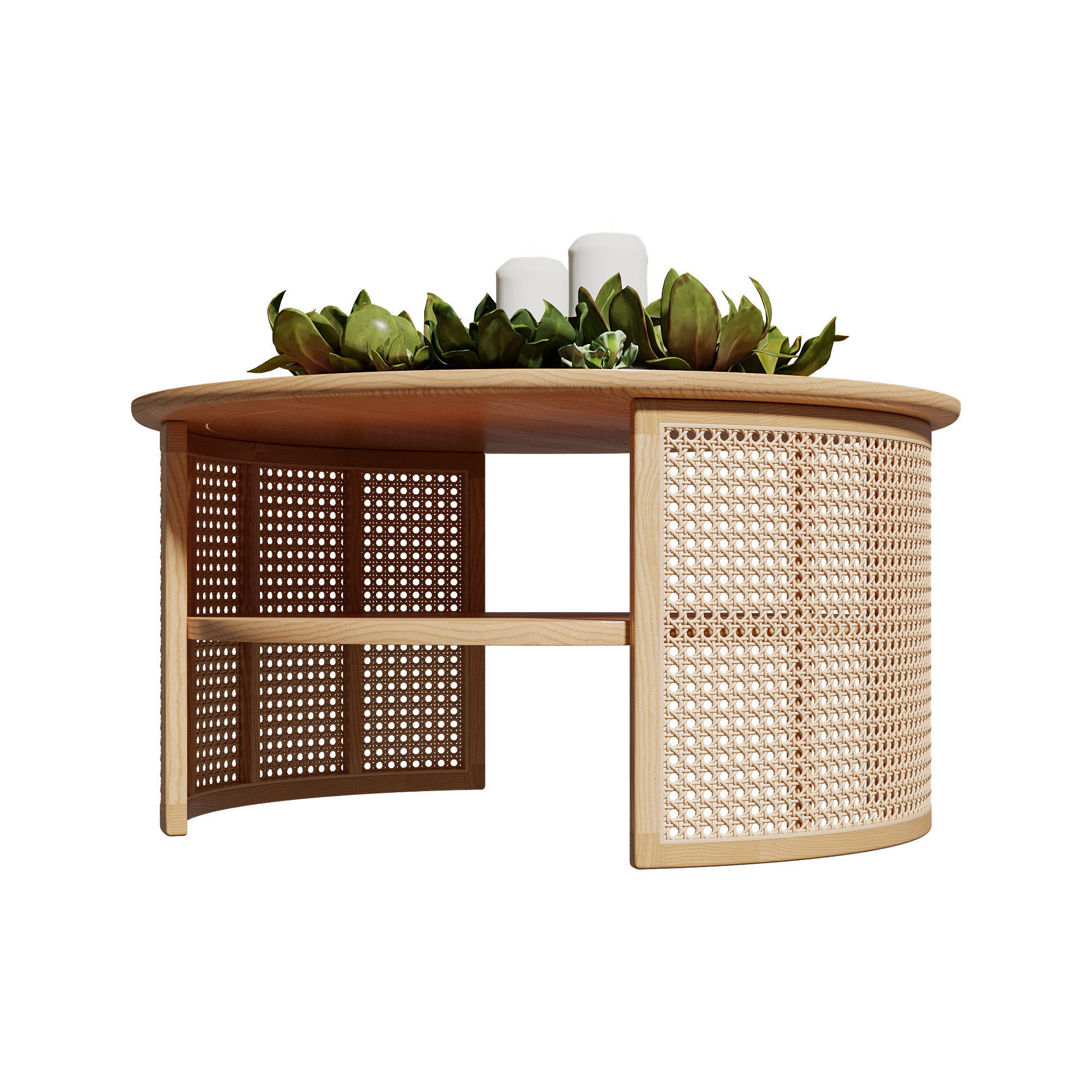 Homary 2-Tiered Japandi Round Wood Rattan Coffee Table 3D model_10