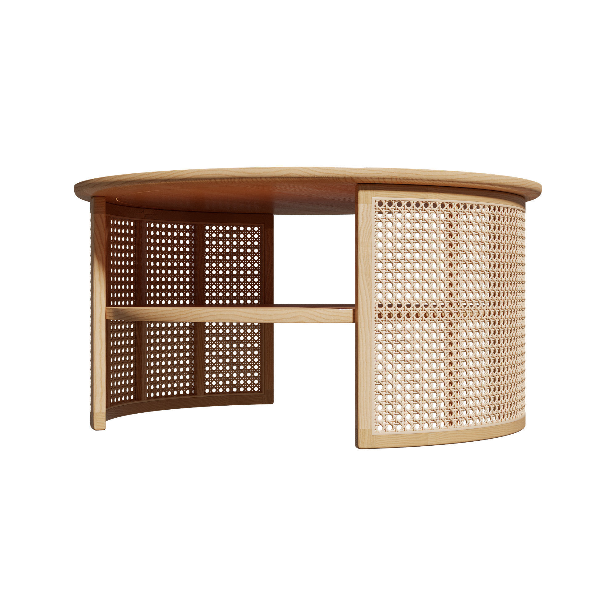 Homary 2-Tiered Japandi Round Wood Rattan Coffee Table 3D model_11