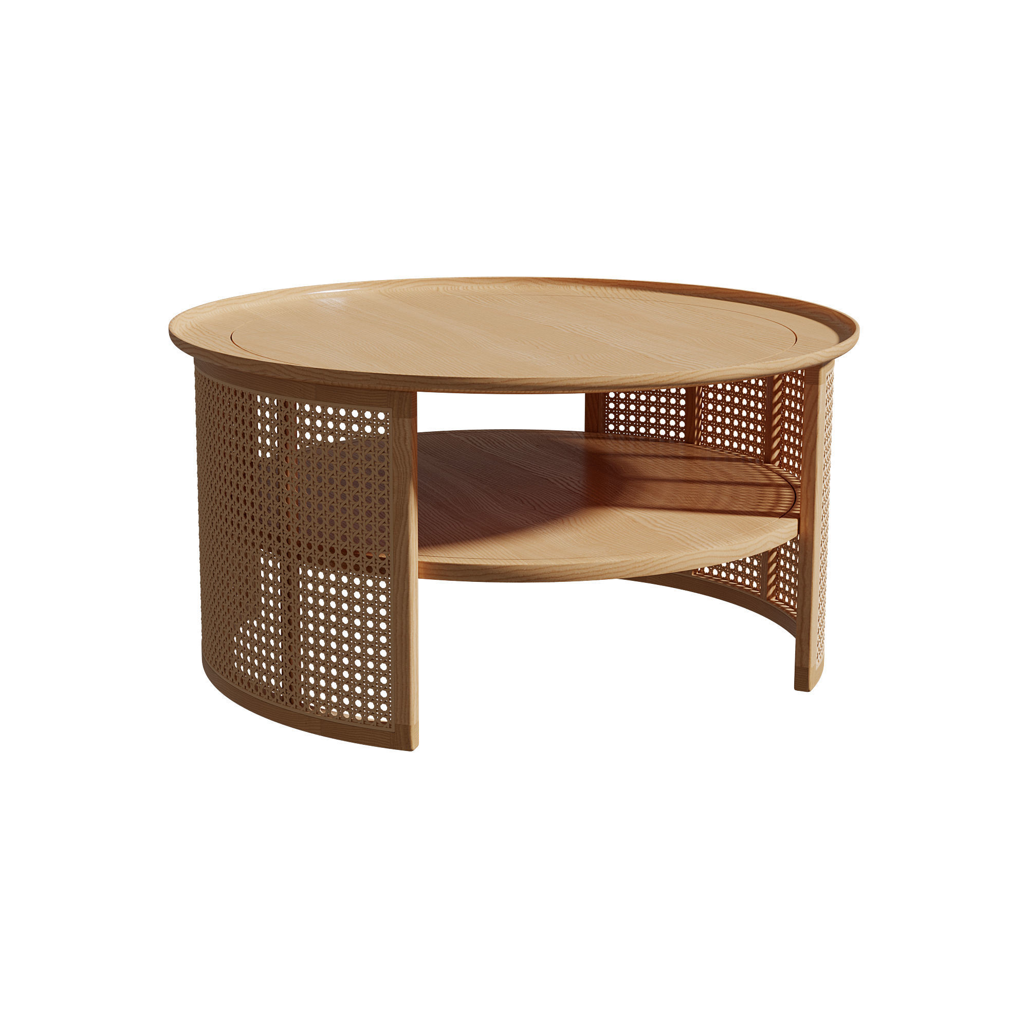 Homary 2-Tiered Japandi Round Wood Rattan Coffee Table 3D model_8