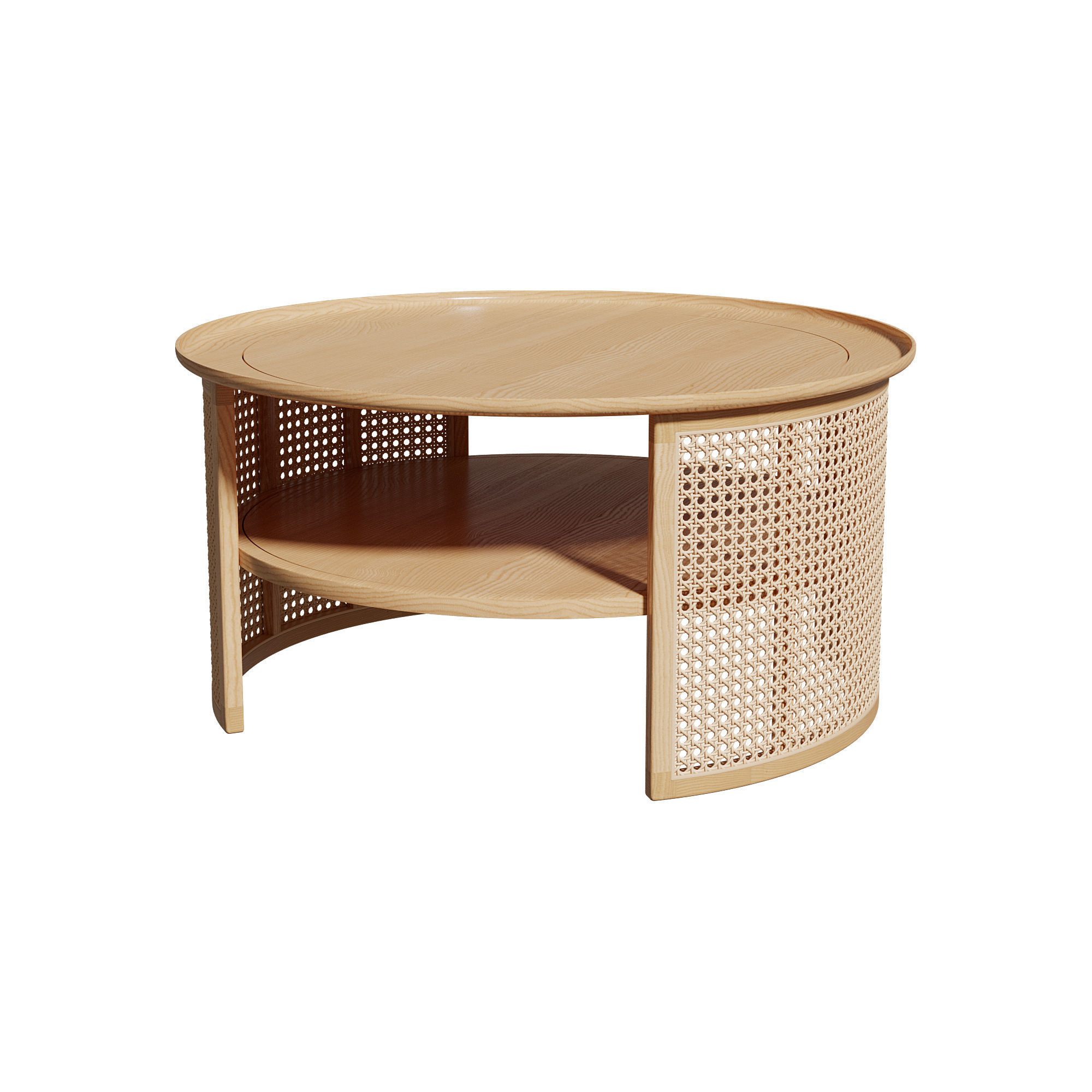 Homary 2-Tiered Japandi Round Wood Rattan Coffee Table 3D model_2