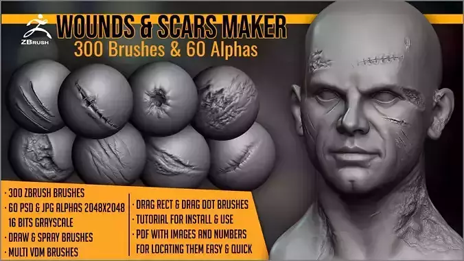 Wounds and Scars Maker 300 ZBrush Brushes 60 Alphas