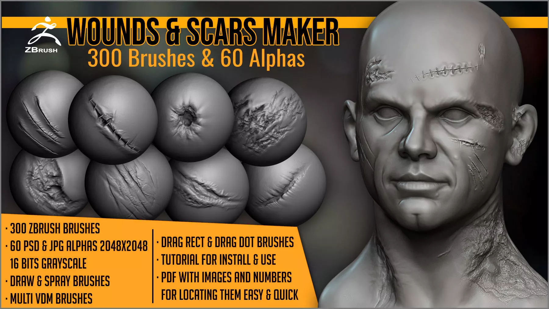 Wounds and Scars Maker 300 ZBrush Brushes 60 Alphas 3D model_0