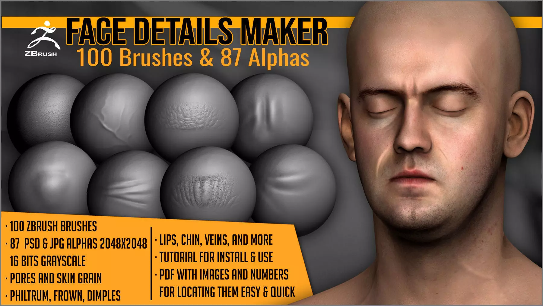 Face Details Maker 100 ZBrush Brushes 3D model
