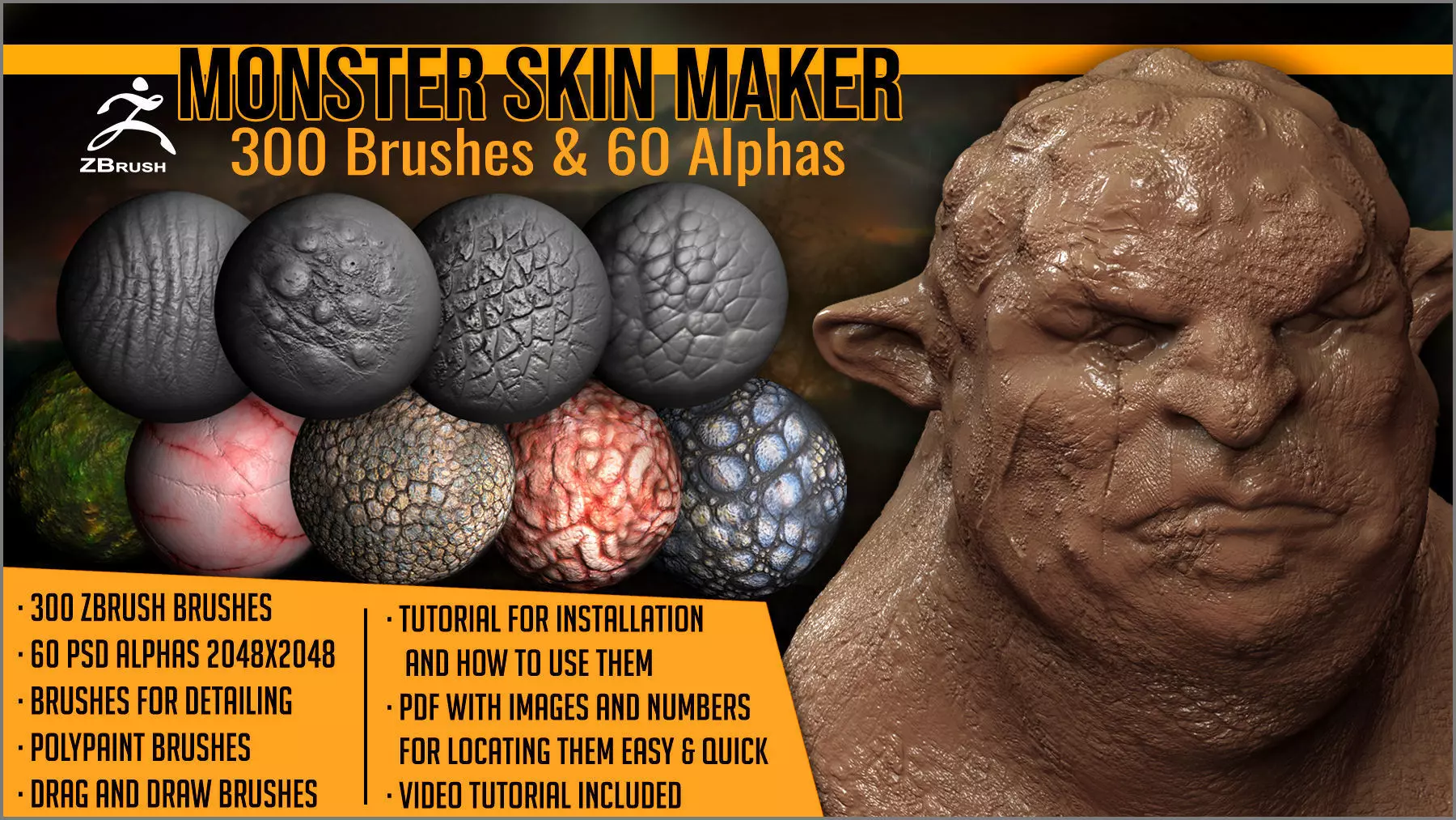Monster Skin Maker 300 ZBrush Brushes 3D model_0