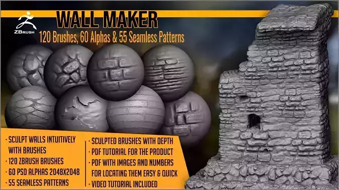 Wall Maker 120 ZBrush Brushes 3D model