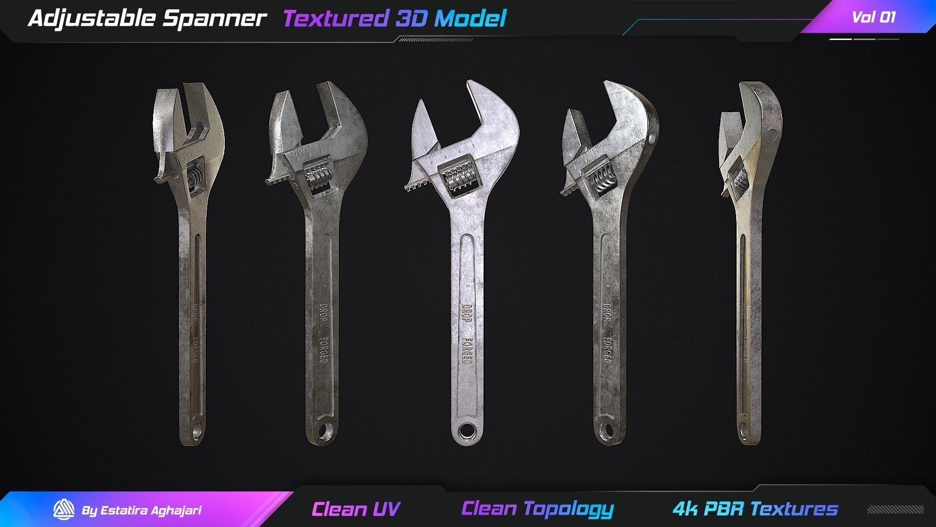 Adjustable Spanner Low-poly 3D model_14