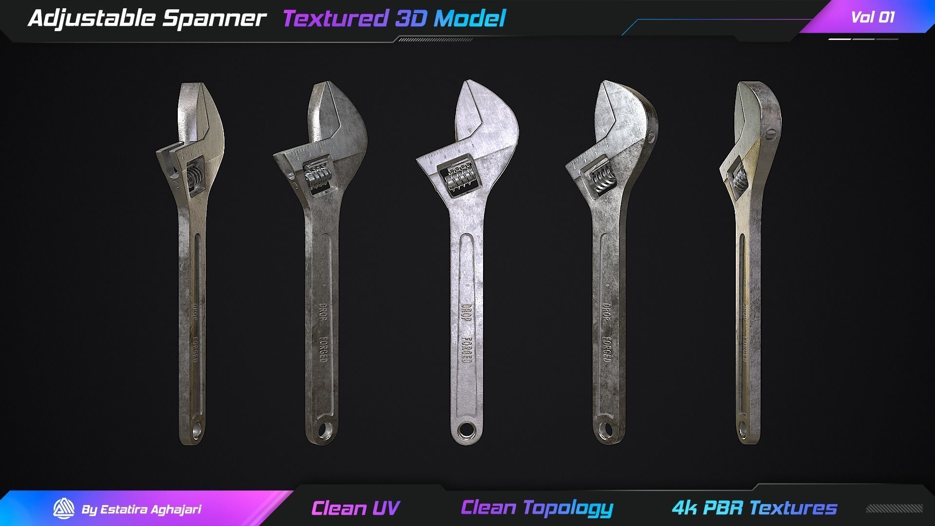 Adjustable Spanner Low-poly 3D model_12