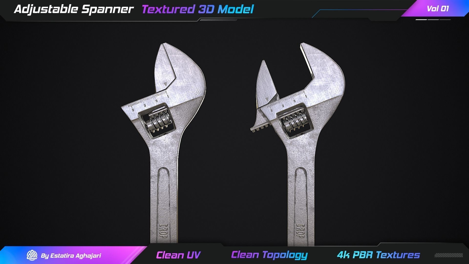 Adjustable Spanner Low-poly 3D model_9