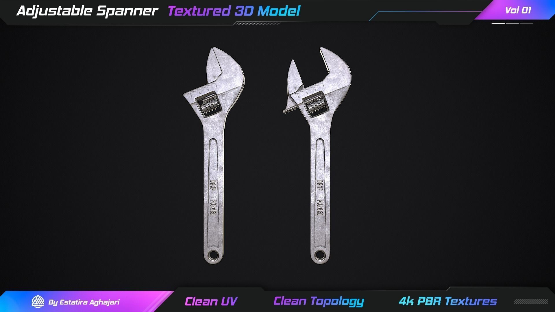 Adjustable Spanner Low-poly 3D model_11