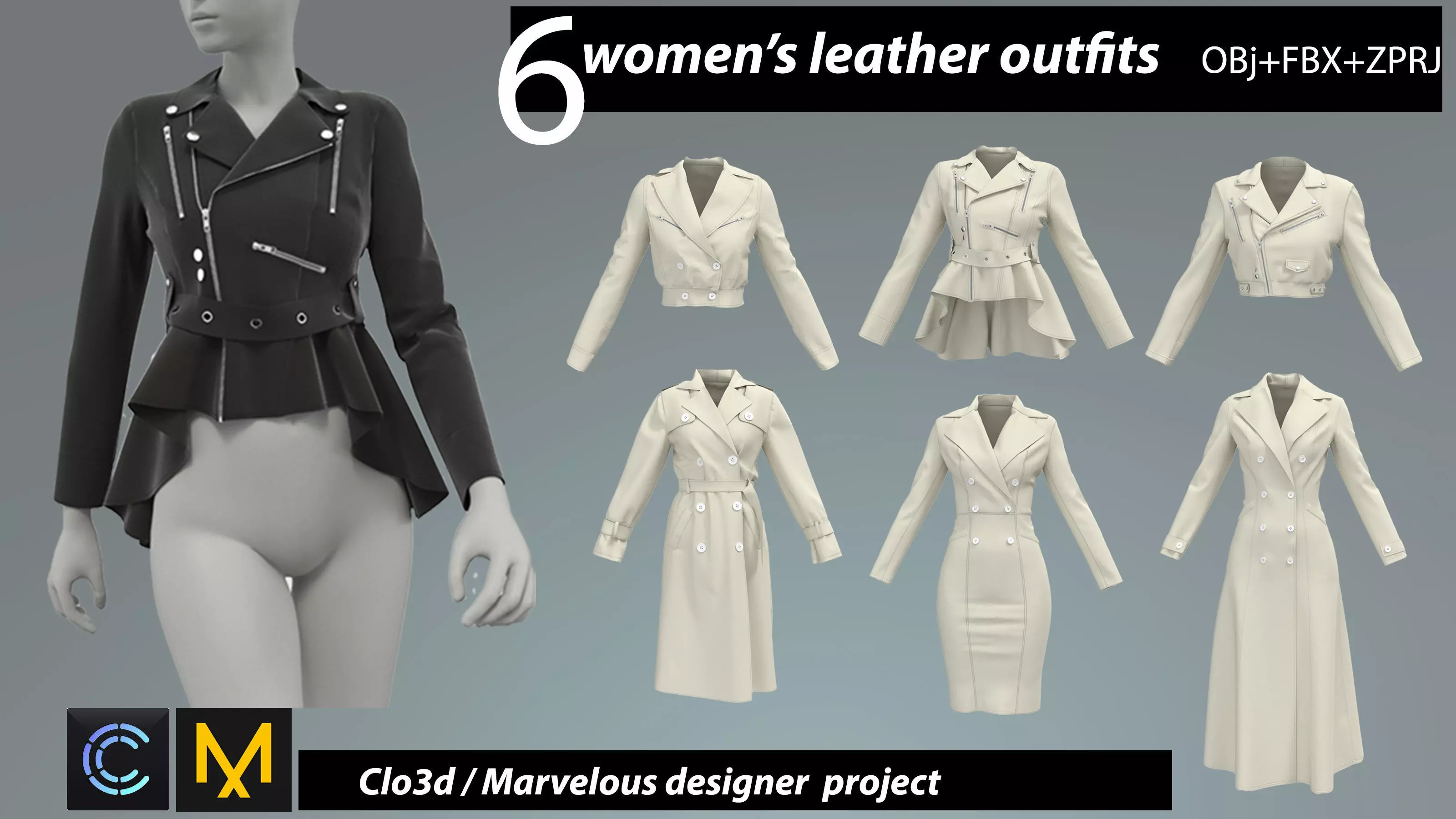 6 leather jackets for women 3D model_0