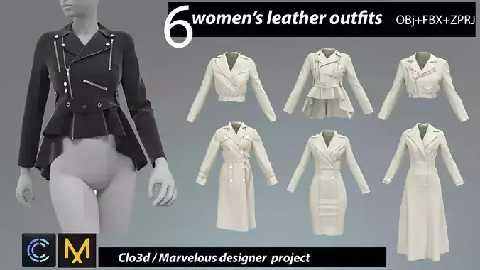 6 leather jackets for women 3D model